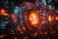 Futuristic digital interface illuminated with vibrant orange lights showcases intricate data patterns and technology Royalty Free Stock Photo