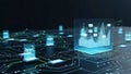 Holographic chart showcasing data points and graphs is centered amidst a netwo Royalty Free Stock Photo
