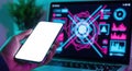 Futuristic digital interface on laptop screen interacting with smartphone ui Royalty Free Stock Photo