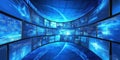 Futuristic digital interface with multiple screens displaying data and technology visuals Royalty Free Stock Photo