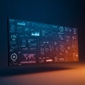 Futuristic digital interface with multiple screens displaying various data visualizations Royalty Free Stock Photo