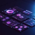Futuristic digital interface with multiple square and rectangular panels displaying