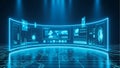 A futuristic digital interface with neon blue screens and data visualizations in a dark room Royalty Free Stock Photo