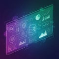 Futuristic digital interface with neon colors displaying data analytics charts and Royalty Free Stock Photo
