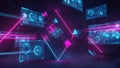 Futuristic Digital Interface with Neon Geometric Shapes and Data Displays image photo Royalty Free Stock Photo