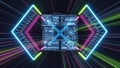 Futuristic Digital Interface with Neon Geometric Shapes and Data Streams technology Royalty Free Stock Photo