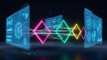 Futuristic Digital Interface with Neon Geometric Shapes and Data Streams technology Royalty Free Stock Photo