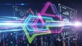 Futuristic Digital Interface with Neon Geometric Shapes and Data Streams technology Royalty Free Stock Photo