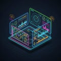 Neon holographic displays showing data analytics graphs radar and warning Royalty Free Stock Photo