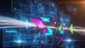 Futuristic digital interface with glowing data screens and abstract geometric shapes in motion Royalty Free Stock Photo