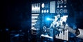 Futuristic Digital Interface with Robotic Hand Interacting with Global Data Visualization and Graphical Representation Royalty Free Stock Photo