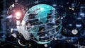 Futuristic Digital Interface with Robotic Hand Pointing at Holographic Earth Globe Surrounded by Graphs, Data Analytics Royalty Free Stock Photo