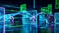 Futuristic digital interface screens displaying data and geometric shapes with glowing neon lines Royalty Free Stock Photo