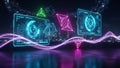 Futuristic digital interface screens with glowing geometric shapes and neon light trails image Royalty Free Stock Photo