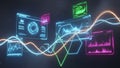 Futuristic digital interface screens displaying financial data and graphs with glowing neon lines Royalty Free Stock Photo