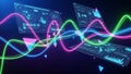 Futuristic Digital Interface Screens with Neon Wave Data Streams and Geometric Shapes technology Royalty Free Stock Photo