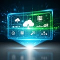 Futuristic digital interface showcasing various cloud computing icons Royalty Free Stock Photo