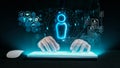 Futuristic digital interface showcasing virtual user profile with glowing holographic icons and illuminated keyboard in Royalty Free Stock Photo