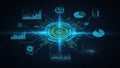 A futuristic digital interface showing complex data analytics and interconnected system components Royalty Free Stock Photo