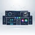 A futuristic digital interface shows various smart home control Royalty Free Stock Photo