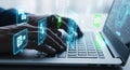 Futuristic digital interface technology hand typing on laptop with data visualization Royalty Free Stock Photo