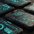 Futuristic digital interfaces on black, tablet-like devices display glowing turquoise