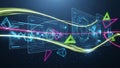 Futuristic digital interfaces with glowing neon lines and geometric shapes on a dark background Royalty Free Stock Photo
