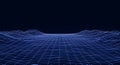 Futuristic Digital Landscape with Abstract Blue Wireframe Grid, Wavy Terrain, and Data Visualization on a Dark Background, Evoking Royalty Free Stock Photo