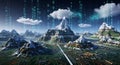 Futuristic Digital Landscape Binary Code Mountains Circuit Board Terrain Royalty Free Stock Photo