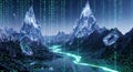Futuristic Digital Landscape Binary Code Mountains, Crystal River, and Data Stream Royalty Free Stock Photo
