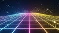 Futuristic Neon Grid Landscape with Floating Particles and Wireframe Structures image photo Royalty Free Stock Photo