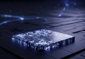 A futuristic digital landscape features a glowing square chip with Royalty Free Stock Photo