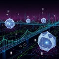 Futuristic digital landscape featuring a network-themed bridge, Royalty Free Stock Photo