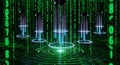 Futuristic Digital Matrix with Glowing Data Tubes, Binary Code Background, Sci-Fi Technology Concept Royalty Free Stock Photo