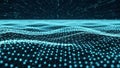 Futuristic digital landscape of glowing blue dots forming a wavy grid on a dark background Royalty Free Stock Photo