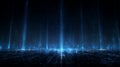 Futuristic digital landscape with glowing blue beams, grid lines and abstract data portal Royalty Free Stock Photo