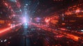 Immersive Cyberpunk Cityscape with Glowing Neon Lights and Data Streams Visualisation. Royalty Free Stock Photo
