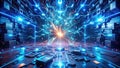 Futuristic digital landscape glowing lines and energetic data streams converge in a complex network of interconnected blocks, Royalty Free Stock Photo