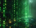 Futuristic Digital Landscape with Green Binary Code and Circuit Board Texture Royalty Free Stock Photo