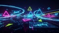 Futuristic Digital Landscape with Neon Triangles, Data Streams, and Geometric Shapes technology Royalty Free Stock Photo