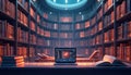 Futuristic digital library AI-powered info search. Books, laptop sit on table. Glowing binary code flows around bookshelves.
