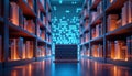Futuristic digital library AI-powered info search. Bookshelves filled with books illuminated by glowing binary code. Laptop