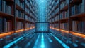Futuristic digital library with books, laptop. Binary code flows across bookshelves, data visualization, AI-powered information