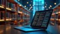 Futuristic digital library scene shows laptop with AI-powered info search. Glowing binary code flows across bookshelves. Tech