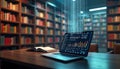 Futuristic digital library setting. Laptop computer displays data visualization. Glowing binary code flows across bookshelves. Royalty Free Stock Photo