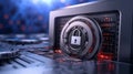 A futuristic digital lock embedded in the middle of a secure cloud, representing the protection of business Royalty Free Stock Photo