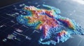 Futuristic digital map displaying colorful terrain and elevation data