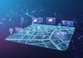 Futuristic digital map interface featuring a blue glowing grid with Royalty Free Stock Photo