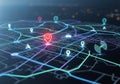 Futuristic digital map interface featuring neon-colored roadways with various location markers. Royalty Free Stock Photo