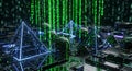 Futuristic Digital Matrix with Glowing Binary Code and Geometric Shapes Royalty Free Stock Photo